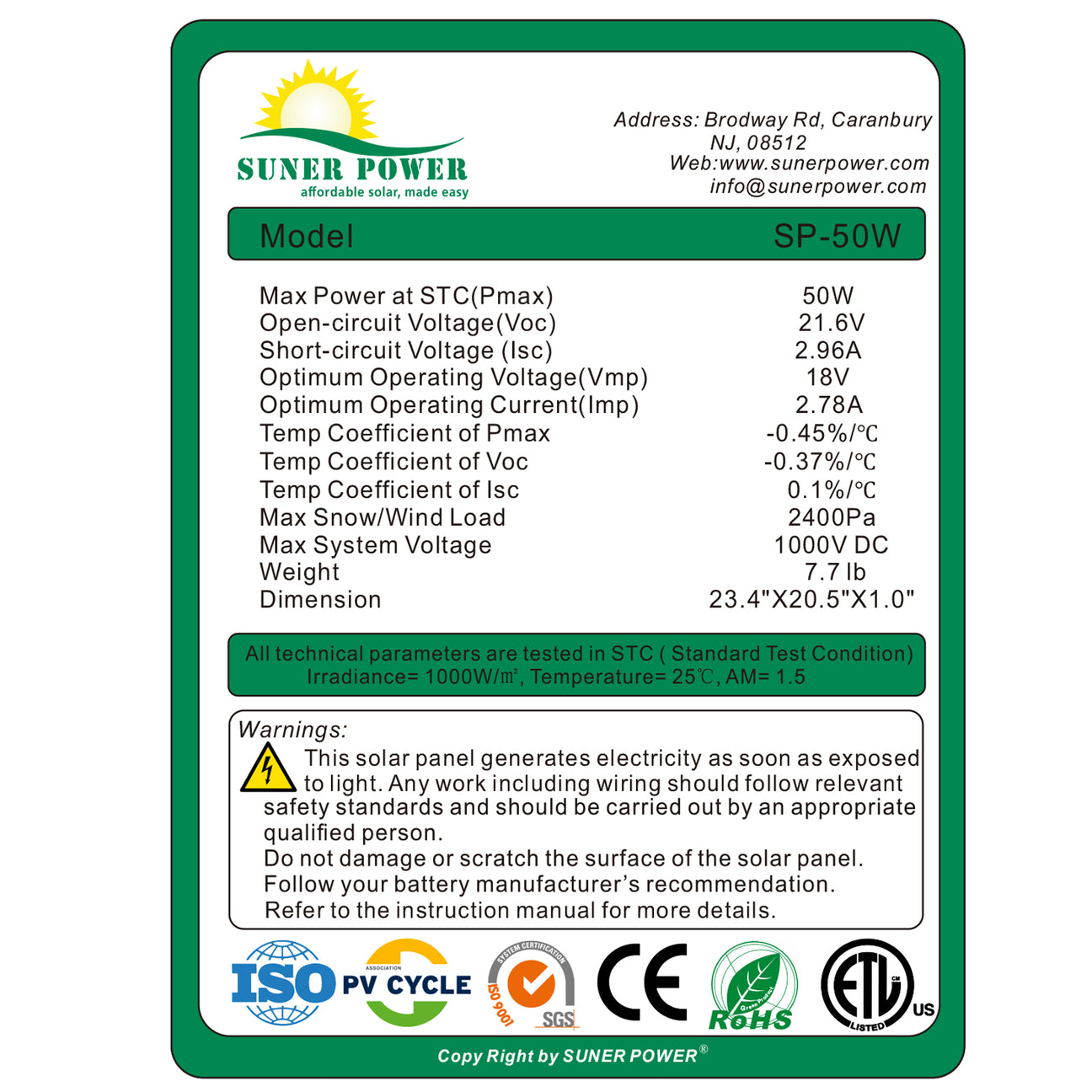 50W Poly Solar Panel Kit SUNER POWER